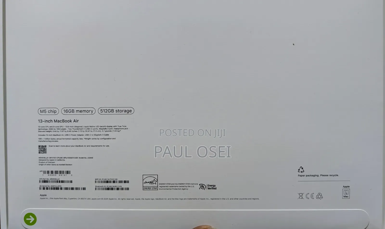 New Laptop Apple MacBook Air 16GB Apple M5 SSD 512GB