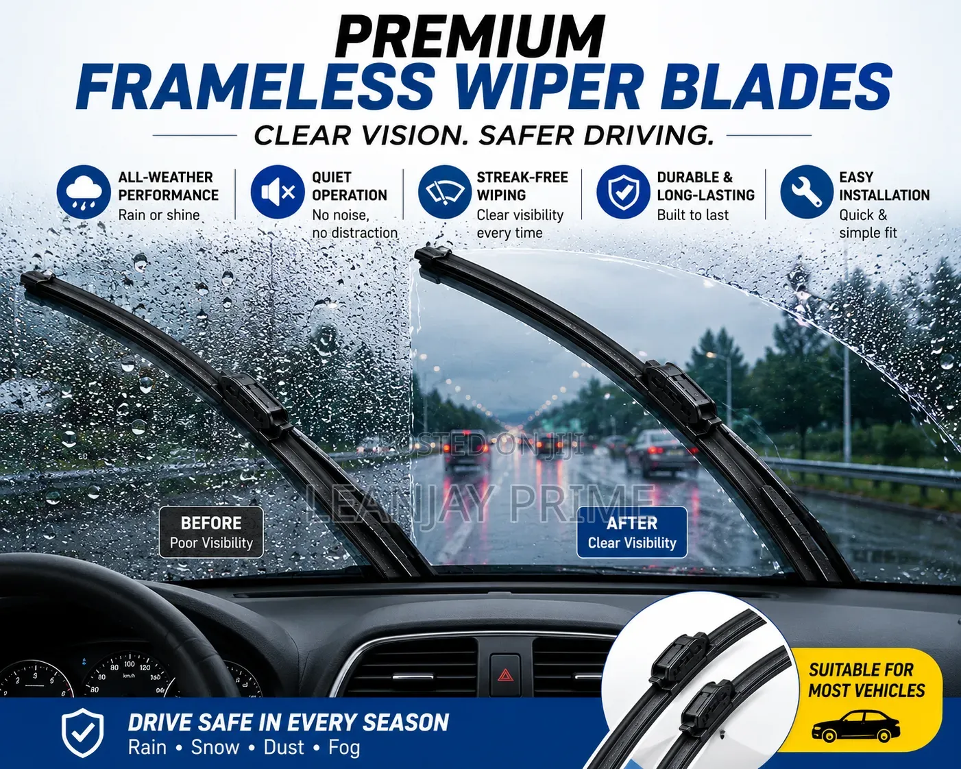 Premium Frameless/Boneless Wiper Blades Set | Smooth Streak-Free