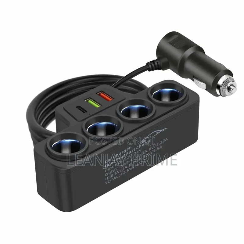 120w 3-Way Car Socket Splitter With Dual Usb Ports (12v/24v)