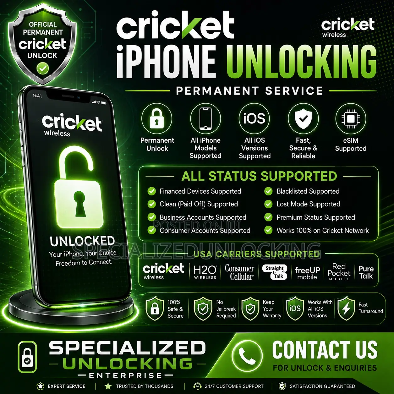 Cricket All iPhone Esim Sim Permanent Unlocking