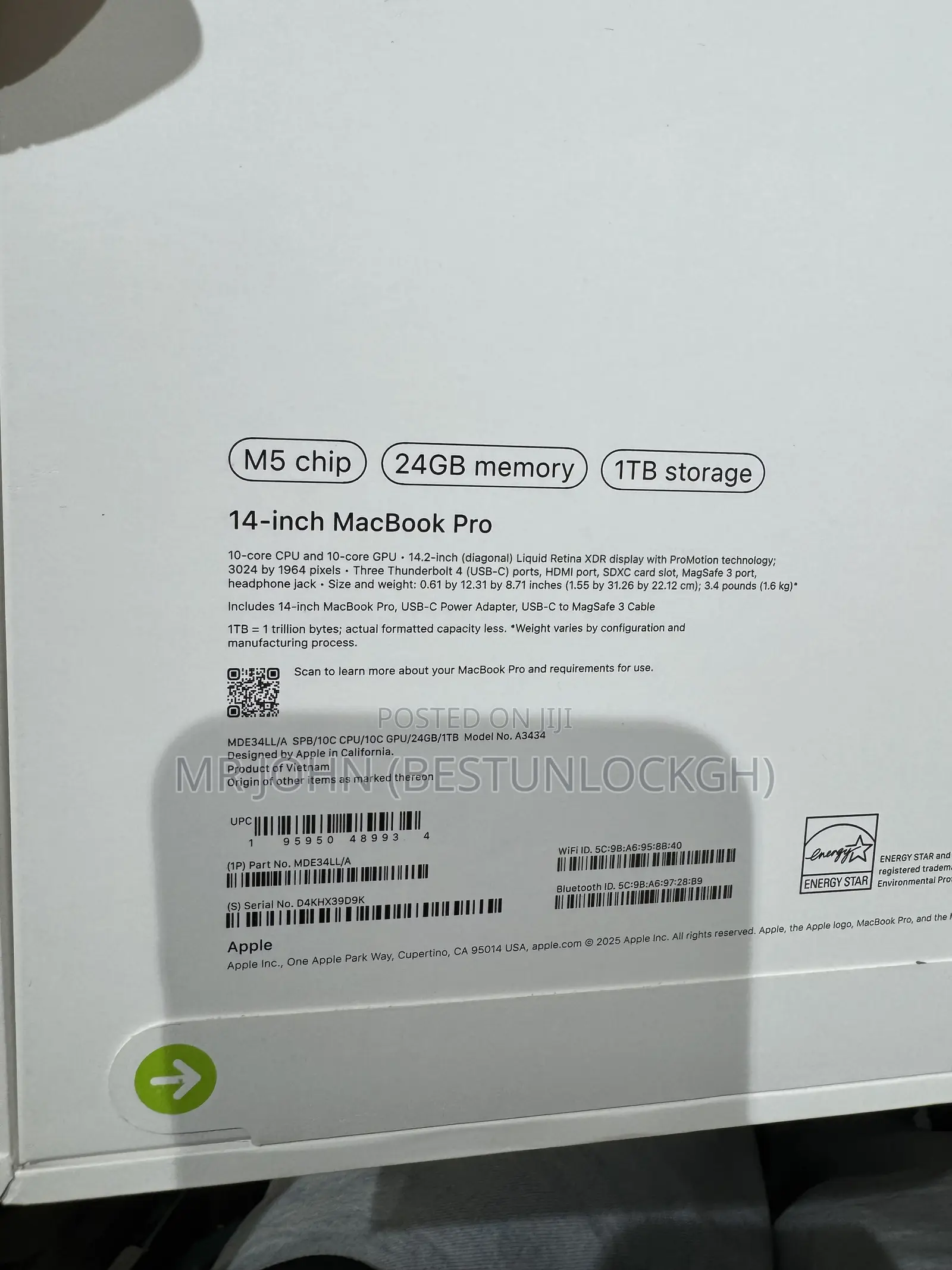 New Laptop Apple MacBook Pro 2025 M5 24GB Apple M5 SSD 1T
