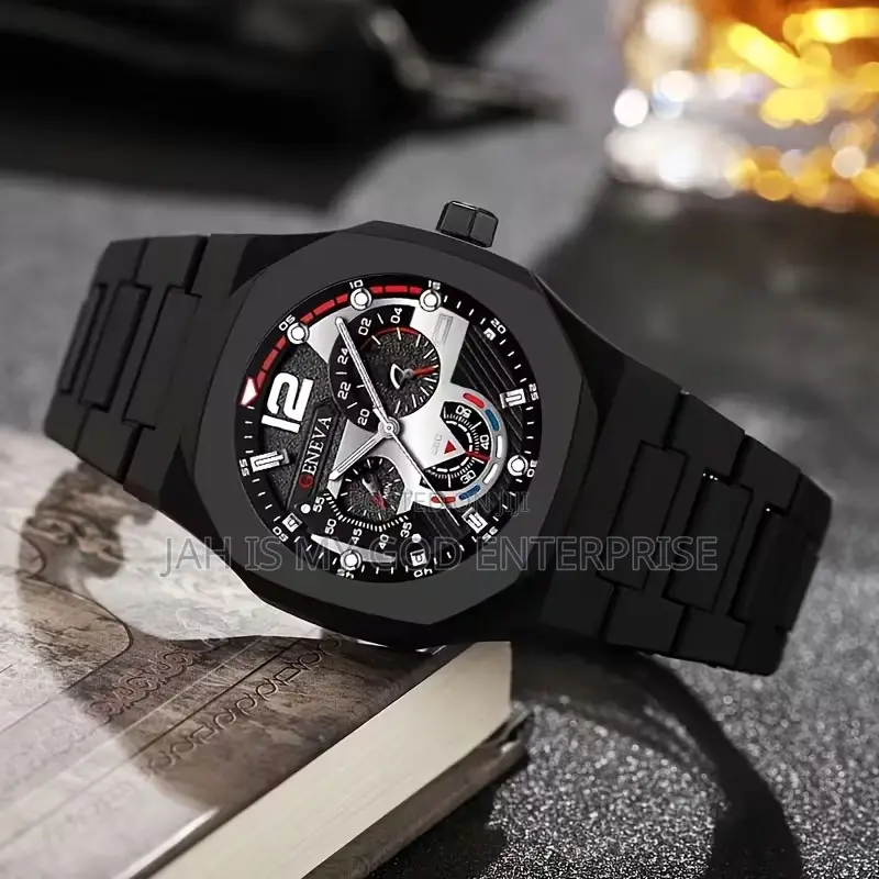 Geneva Men's Luxury Modern Polygonal Dial Analog Wristwatch-Black