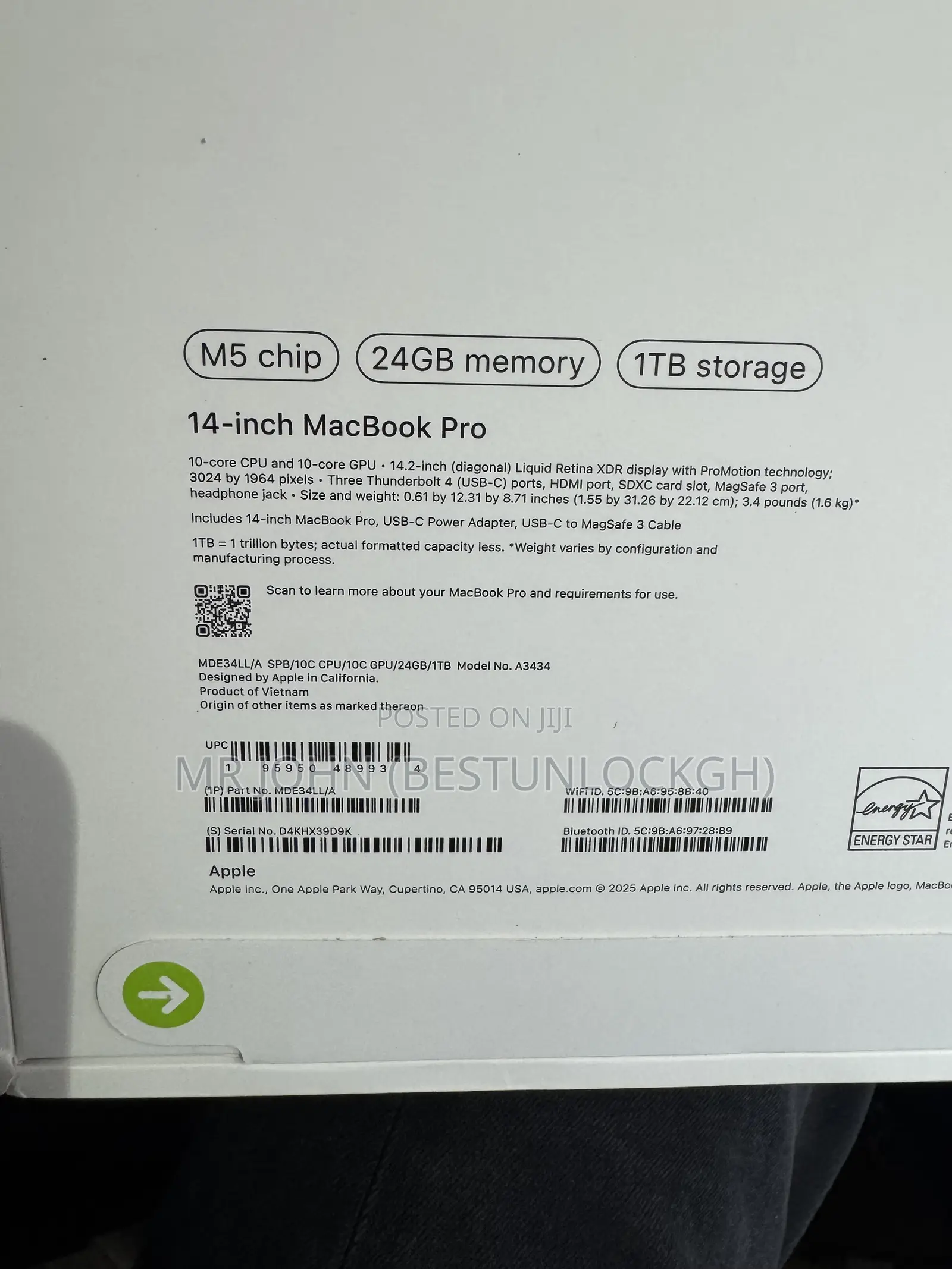 New Laptop Apple MacBook Pro 2025 M5 24GB Apple M5 SSD 1T