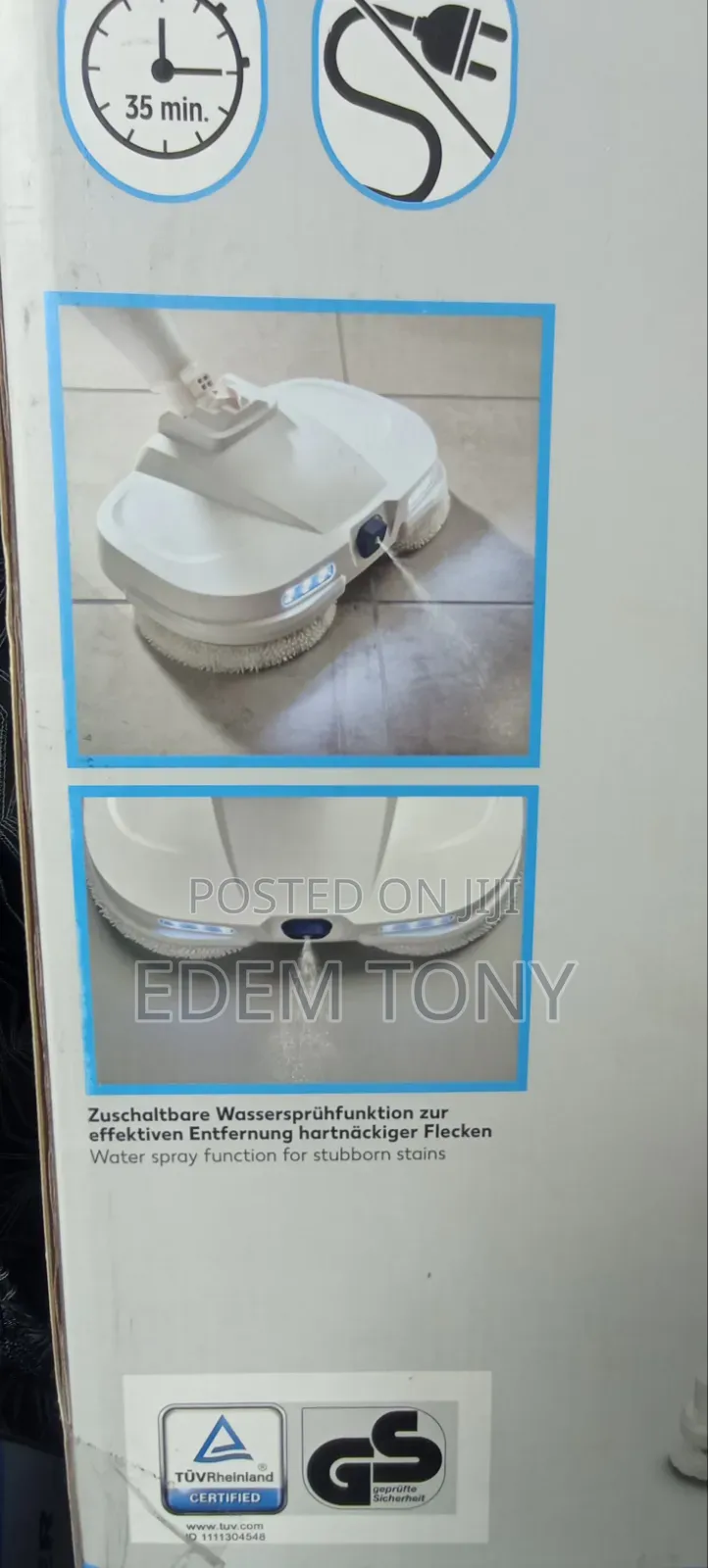 Switch on Cordless Electric Spray Mop With Blue Handle and White Base