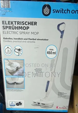 Switch on Cordless Electric Spray Mop With Blue Handle and White Base