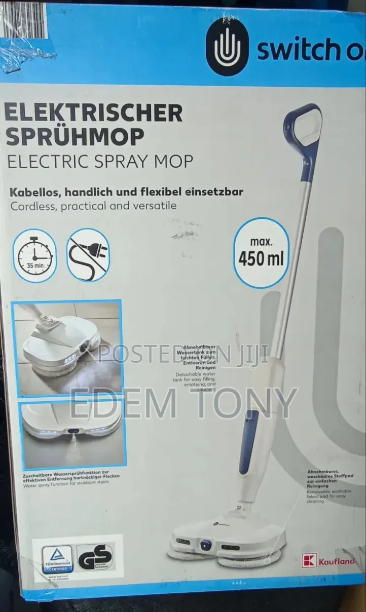 Switch on Cordless Electric Spray Mop With Blue Handle and White Base