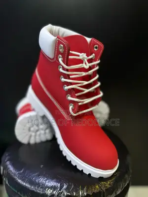 Red and White Timberland 6-Inch Waterproof Boots.