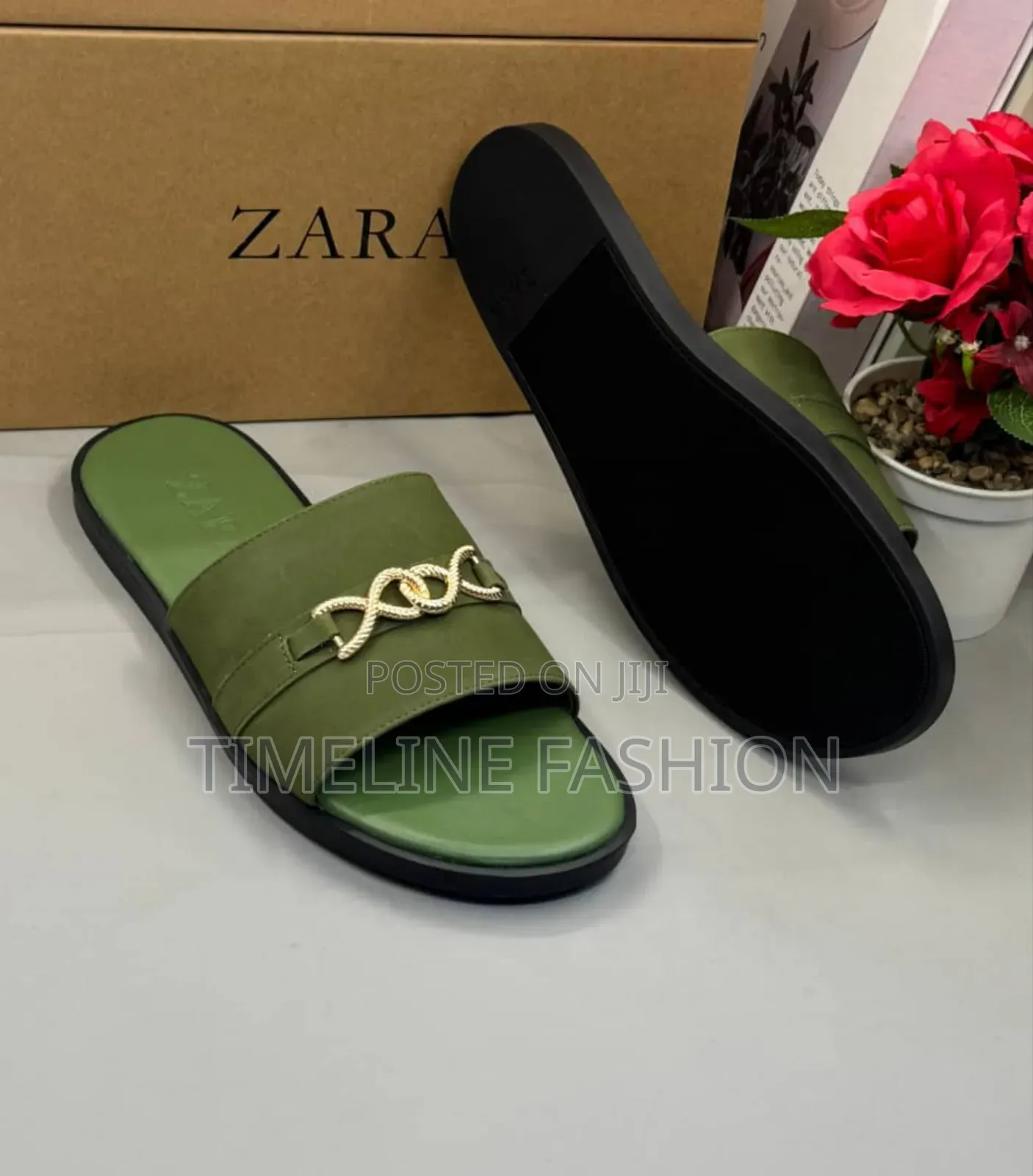 Zara Army Green Men's Leather Slippers