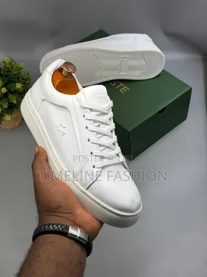 All White Lacoste Full Grain Leather Men's Lace Up Sneakers