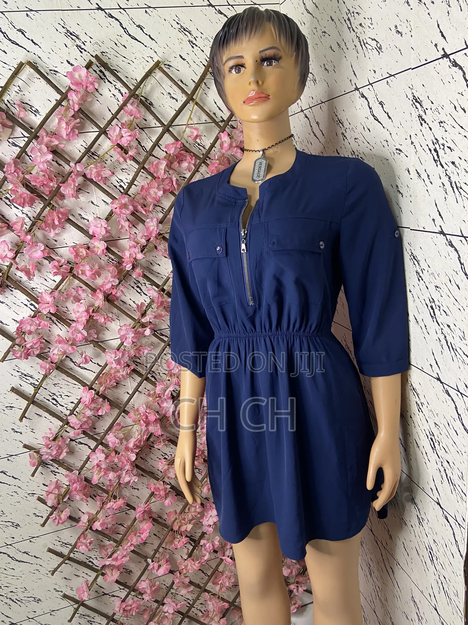 Stylish and Beautifully Tailored Navy Blue Long Sleeve Dress