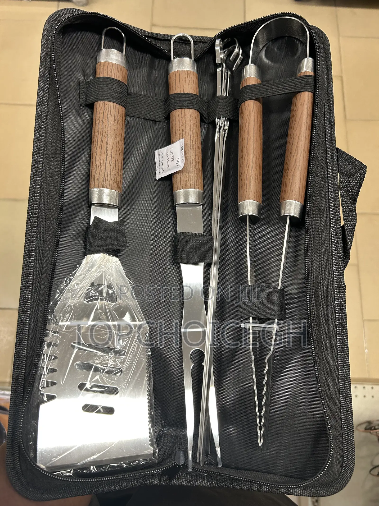 7-Piece BBQ Tool Set With Wooden Style Handles Case