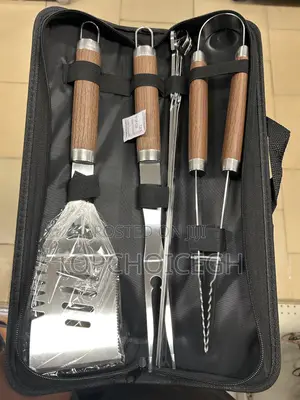 7-Piece BBQ Tool Set With Wooden Style Handles Case