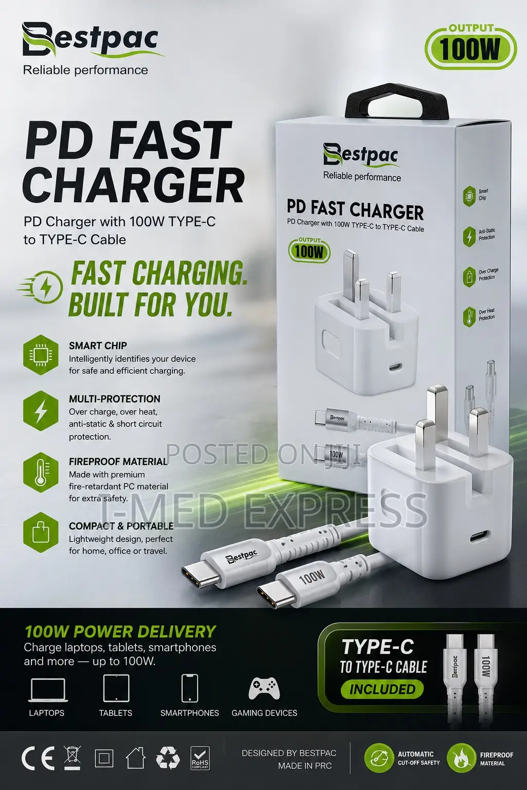 Original Bestpac 100w Pd Fast Charger Type-C to Type-C Cable (Uk Plug)