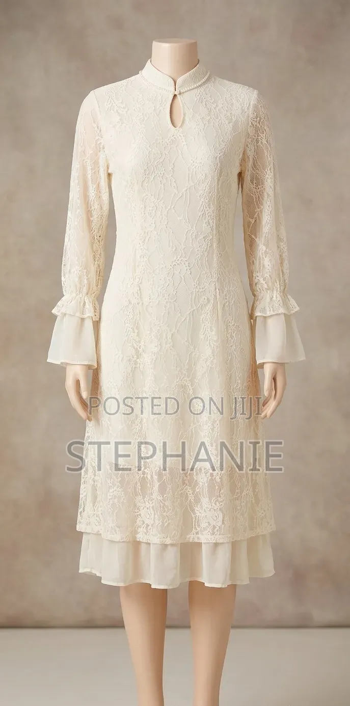 Elegant Lace Dress, High Neck, Ruffles
