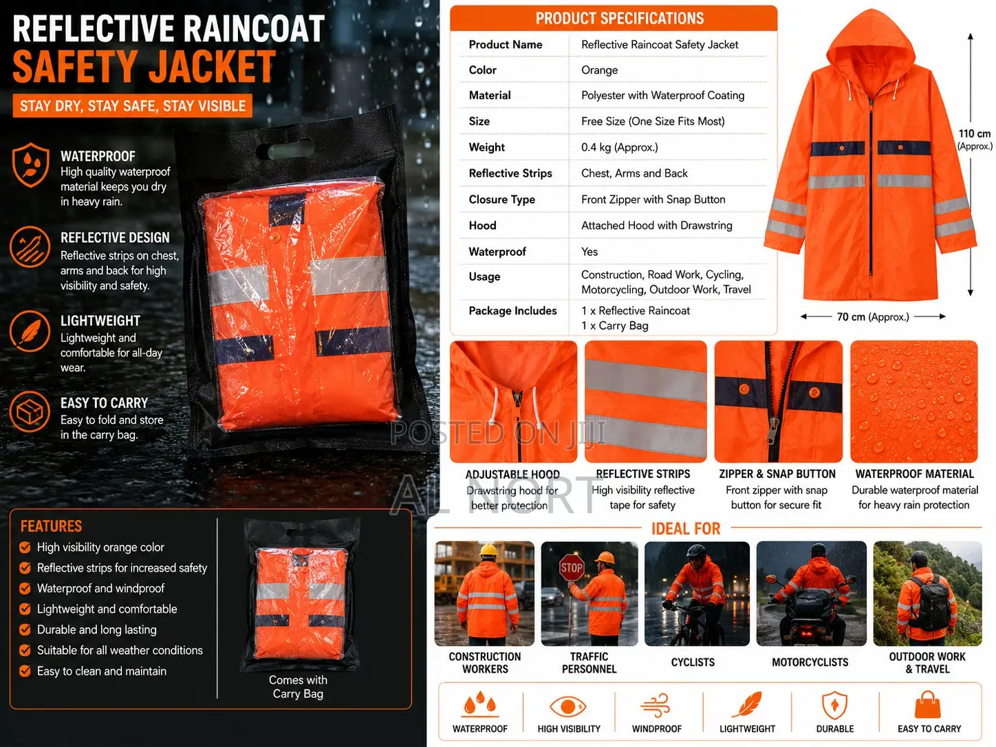 Reflective Raincoat Safety Jacket – Orange