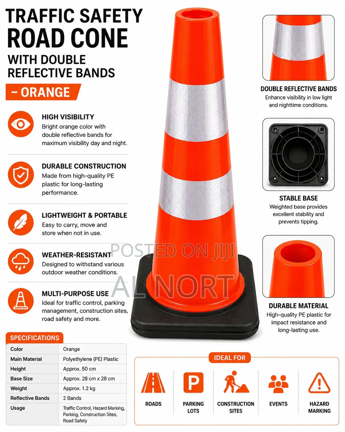 Traffic Safety Road Cone With Double Reflective Bands