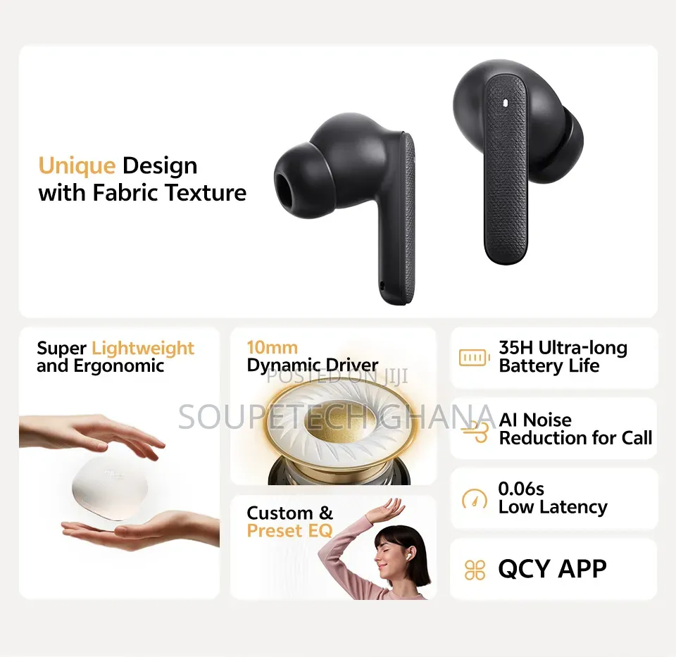  Qcy TWS Bluetooth 5.3 Earbuds – Long Battery Life- Black