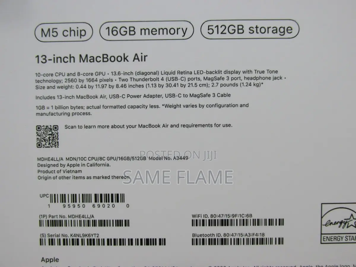 New Laptop Apple MacBook Air 2026 M5 16GB Apple M5 SSD 512GB