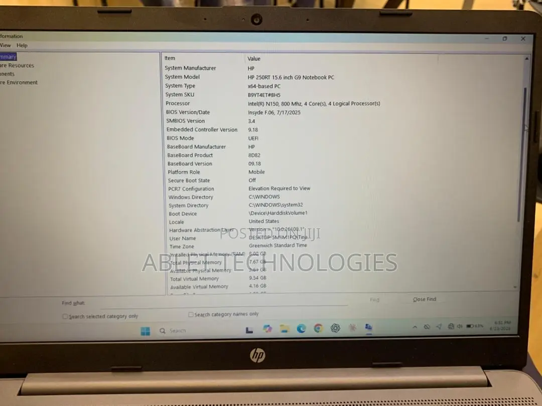 New Laptop HP 250 G10 8GB Intel SSD 256GB
