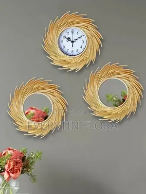 3-Piece Gold Wall Clock + Mirror Set – Luxury Accent Decor*