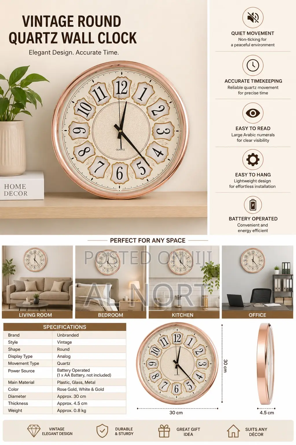 Vintage Round Quartz Wall Clock