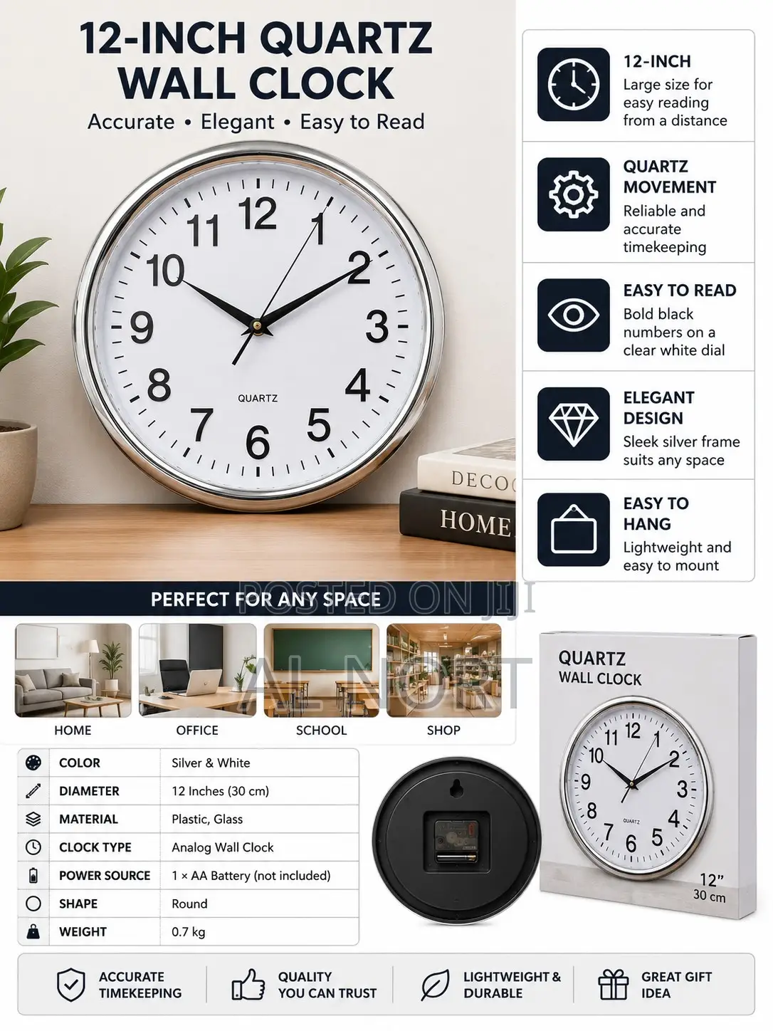 12-Inch Quartz Wall Clock – Silver White