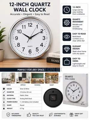 12-Inch Quartz Wall Clock – Silver White