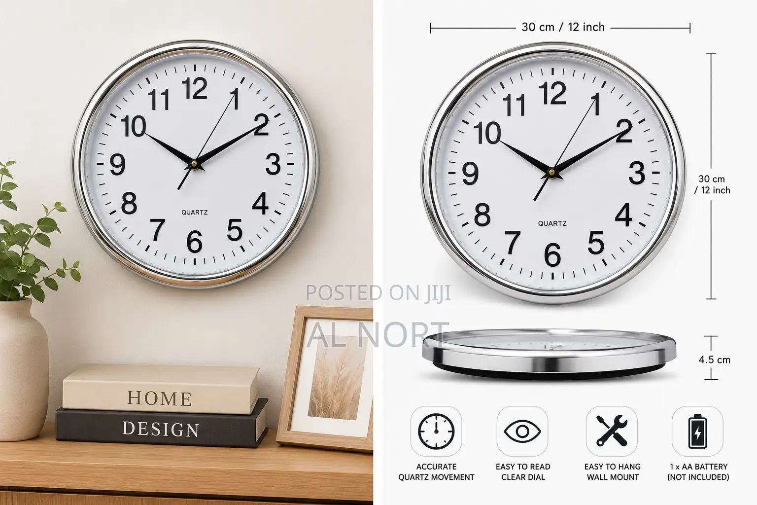 12-Inch Quartz Wall Clock – Silver White