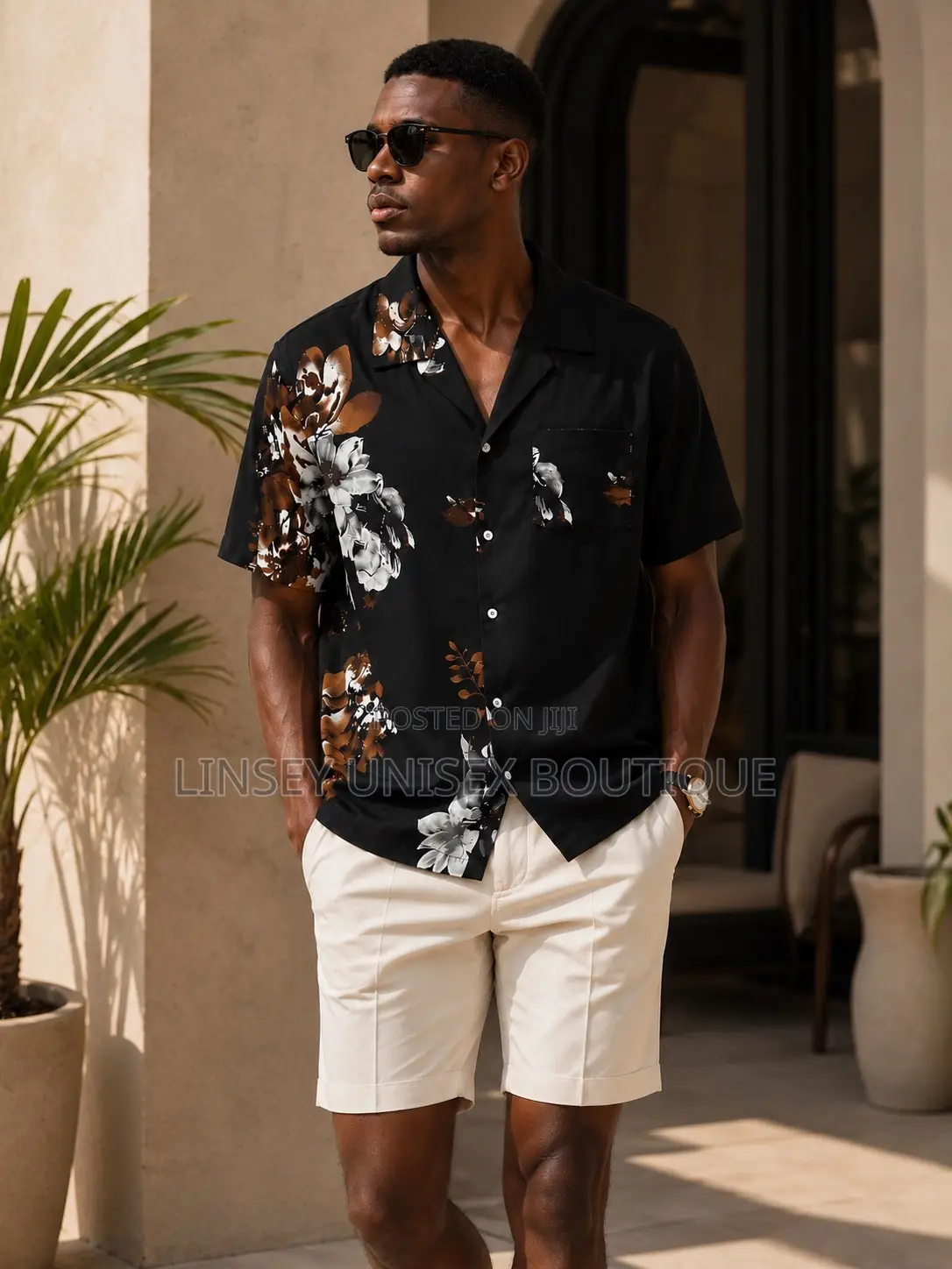 Men’S Black Floral Summer Resort Collar Shirt
