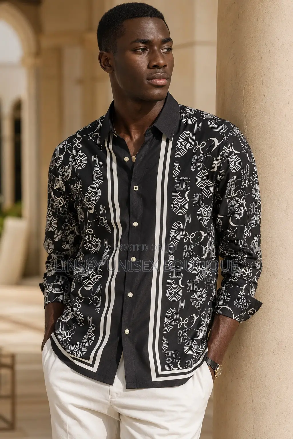 Men’S Premium Black Long Sleeve Patterned Shirt Size Xl-2xl