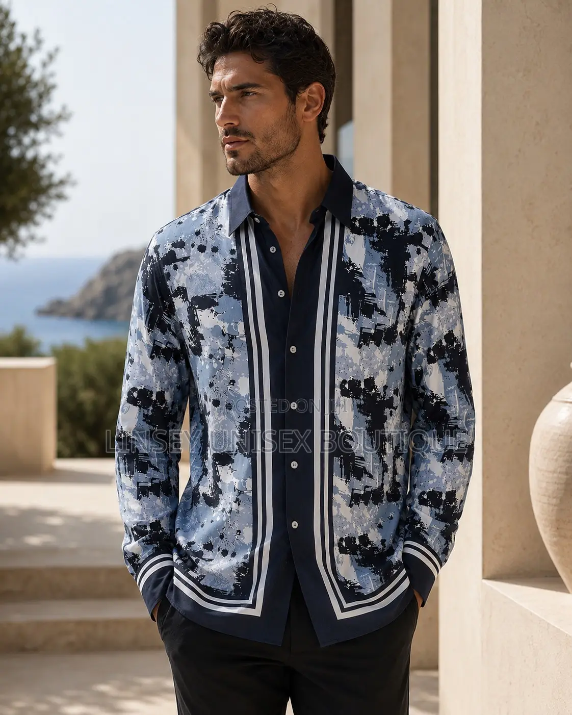 Men’S Premium Blue Printed Long Sleeve Shirt 2xl,3xl