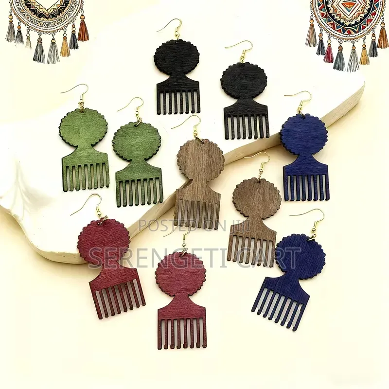 Wooden Earrings, Afro Shaped, African Inspired, Mixed Colours