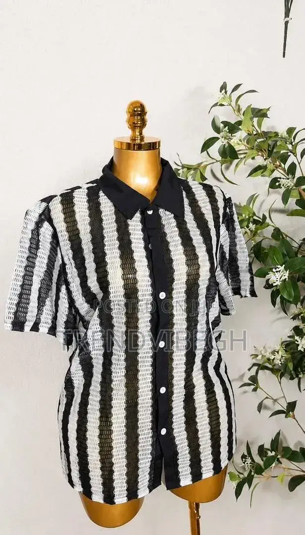 Unisex Black and White Striped Textured Button Up Shirt