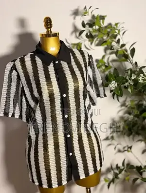 Unisex Black and White Striped Textured Button Up Shirt