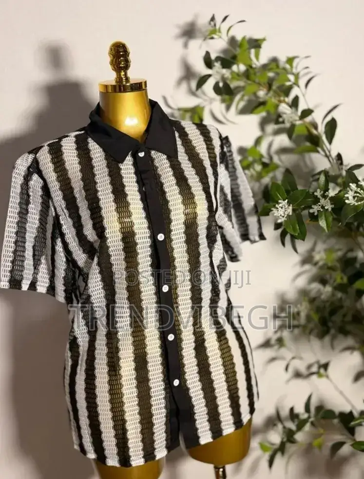 Unisex Black and White Striped Textured Button Up Shirt