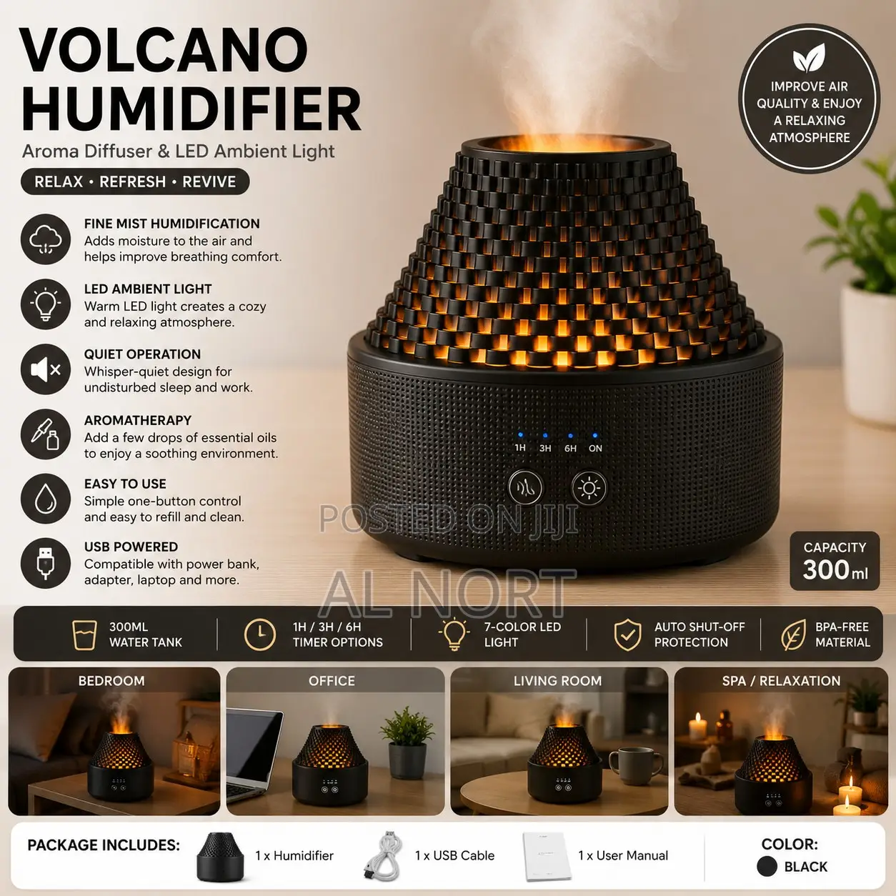 Volcano Aroma Diffuser Humidifier With Led Ambient Light