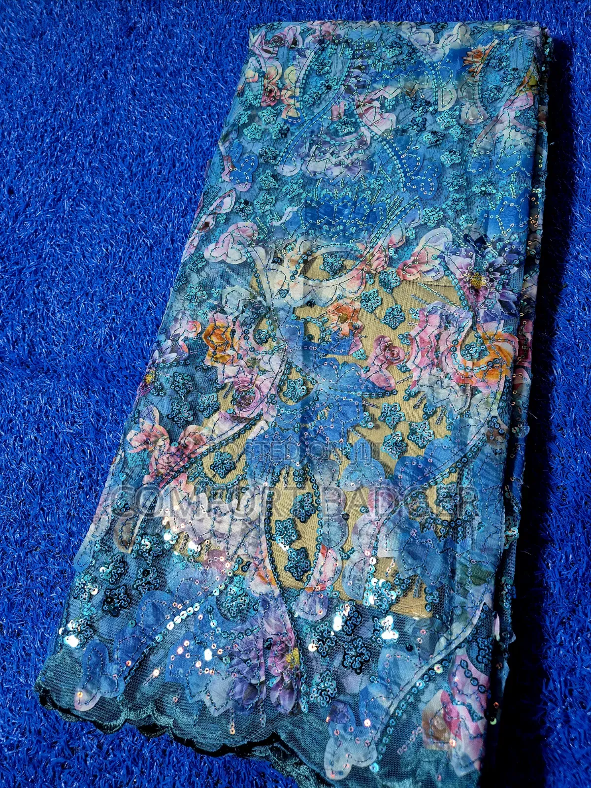 Light Blue Lace With Sequin and Shimmering Effect of Pink and Purple