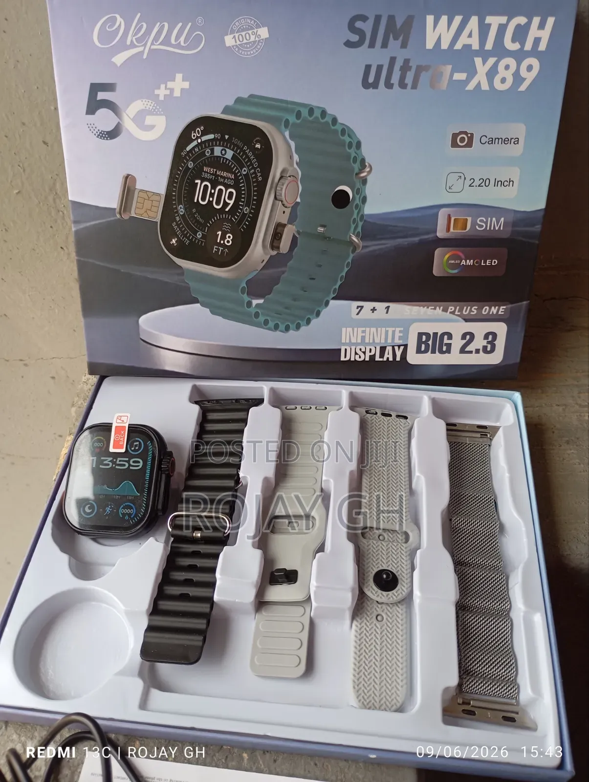 Ultra-X89 Smart Watch With Sim Slot and Camera + 4 Straps - Black