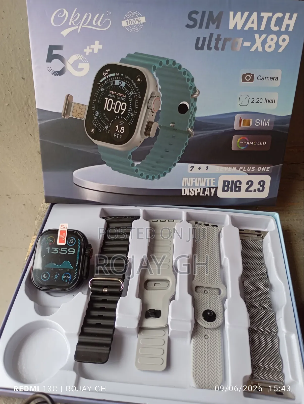 Ultra-X89 Smart Watch With Sim Slot and Camera + 4 Straps - Black