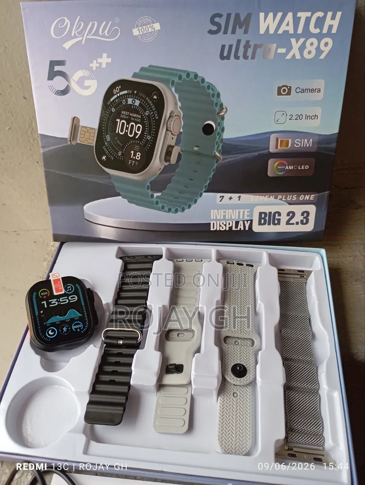 Ultra-X89 Smart Watch With Sim Slot and Camera + 4 Straps - Black