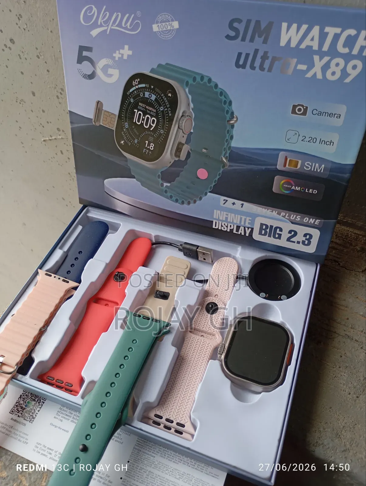 Ultra-X89 Smart Watch With Sim Slot and Camera + 6 Straps - Pink