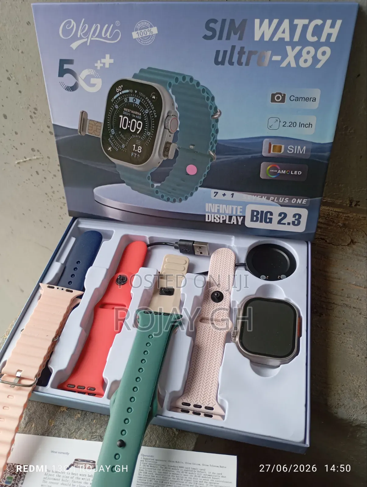 Ultra-X89 Smart Watch With Sim Slot and Camera + 6 Straps - Pink