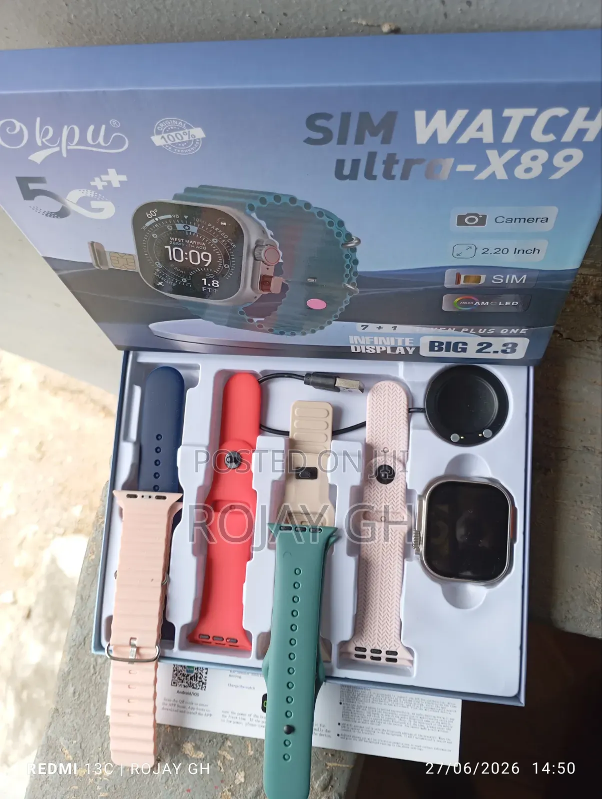 Ultra-X89 Smart Watch With Sim Slot and Camera + 6 Straps - Pink