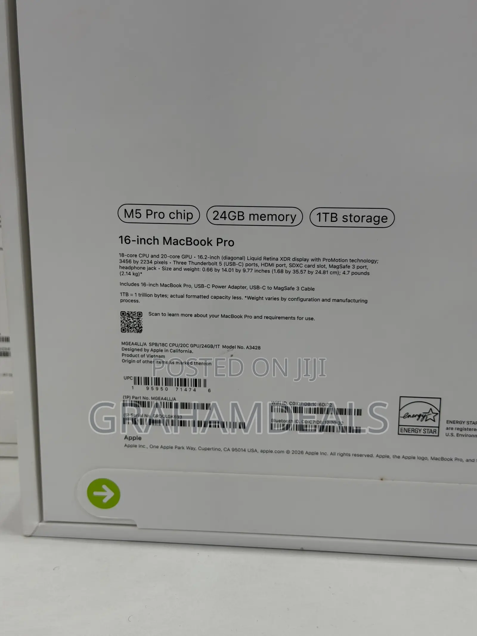 New Laptop Apple MacBook Pro 2026 M5 Pro 24GB Apple M5 Pro SSD 1T