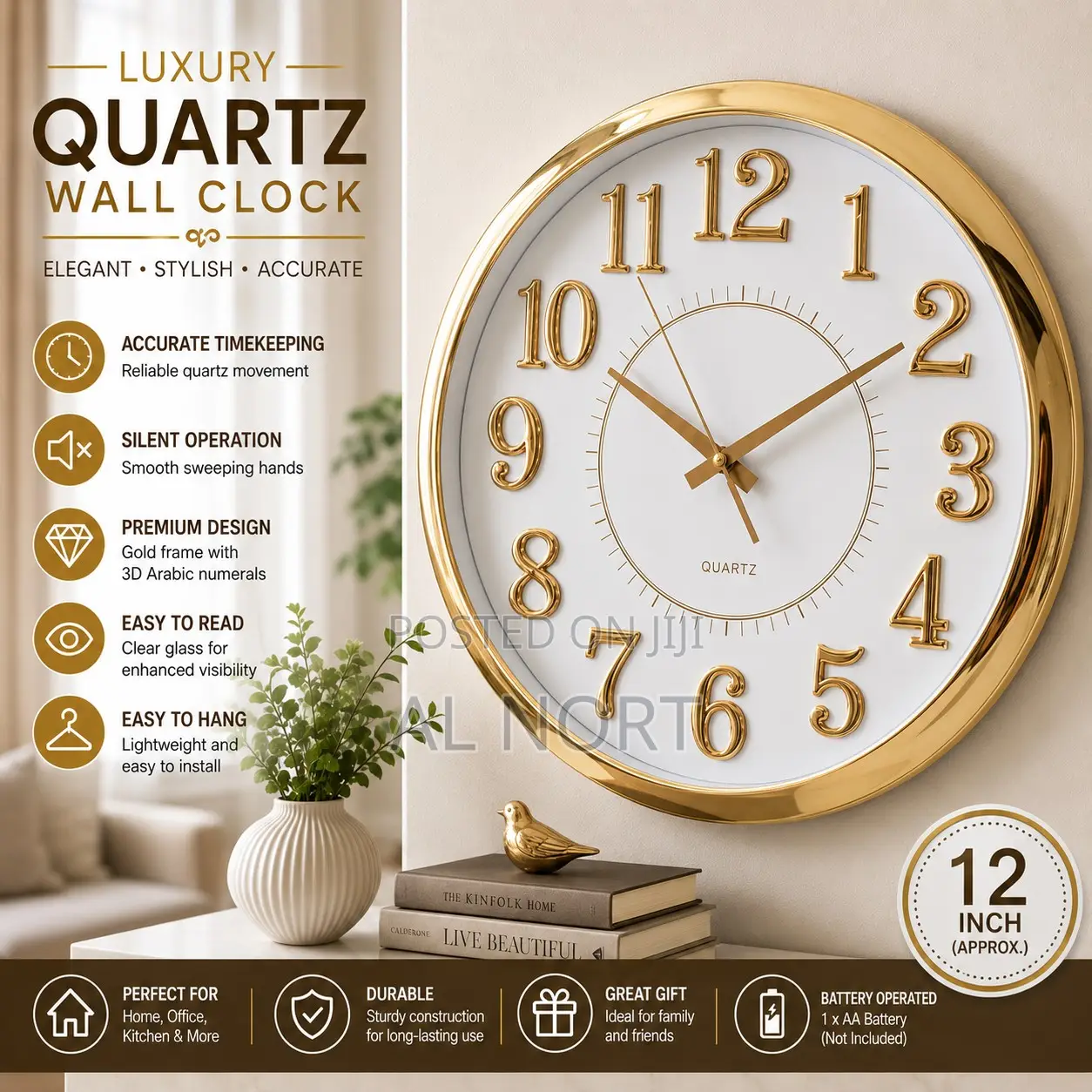 Luxury Quartz Wall Clock – Gold White – 12 Inch