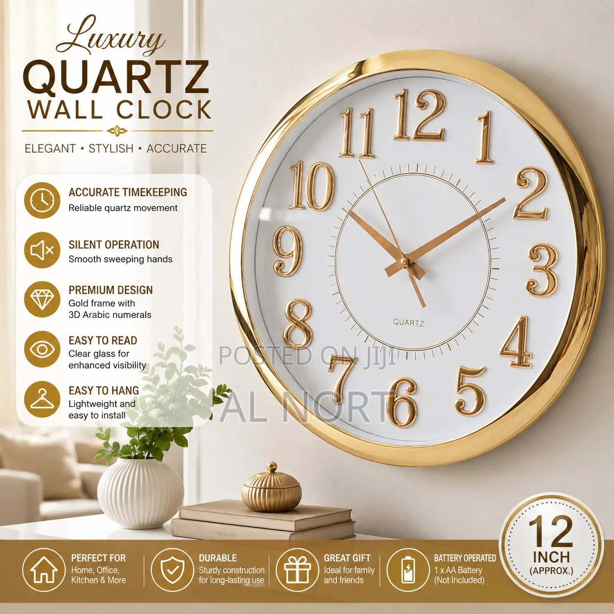 Luxury Quartz Wall Clock – Gold White – 12 Inch