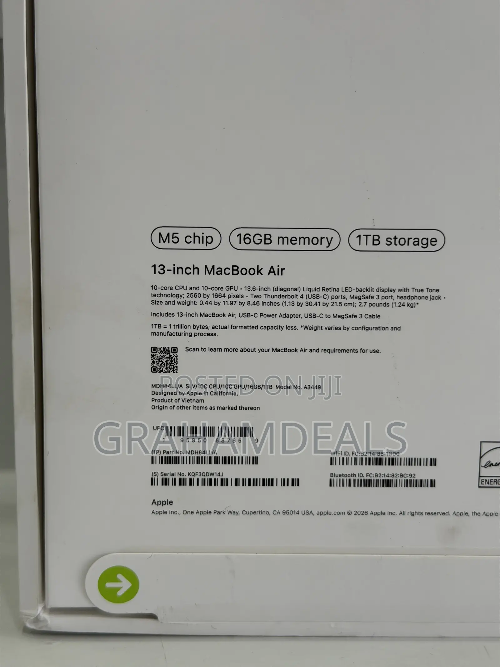New Laptop Apple MacBook Air 2026 M5 16GB Apple M5 SSD 1T