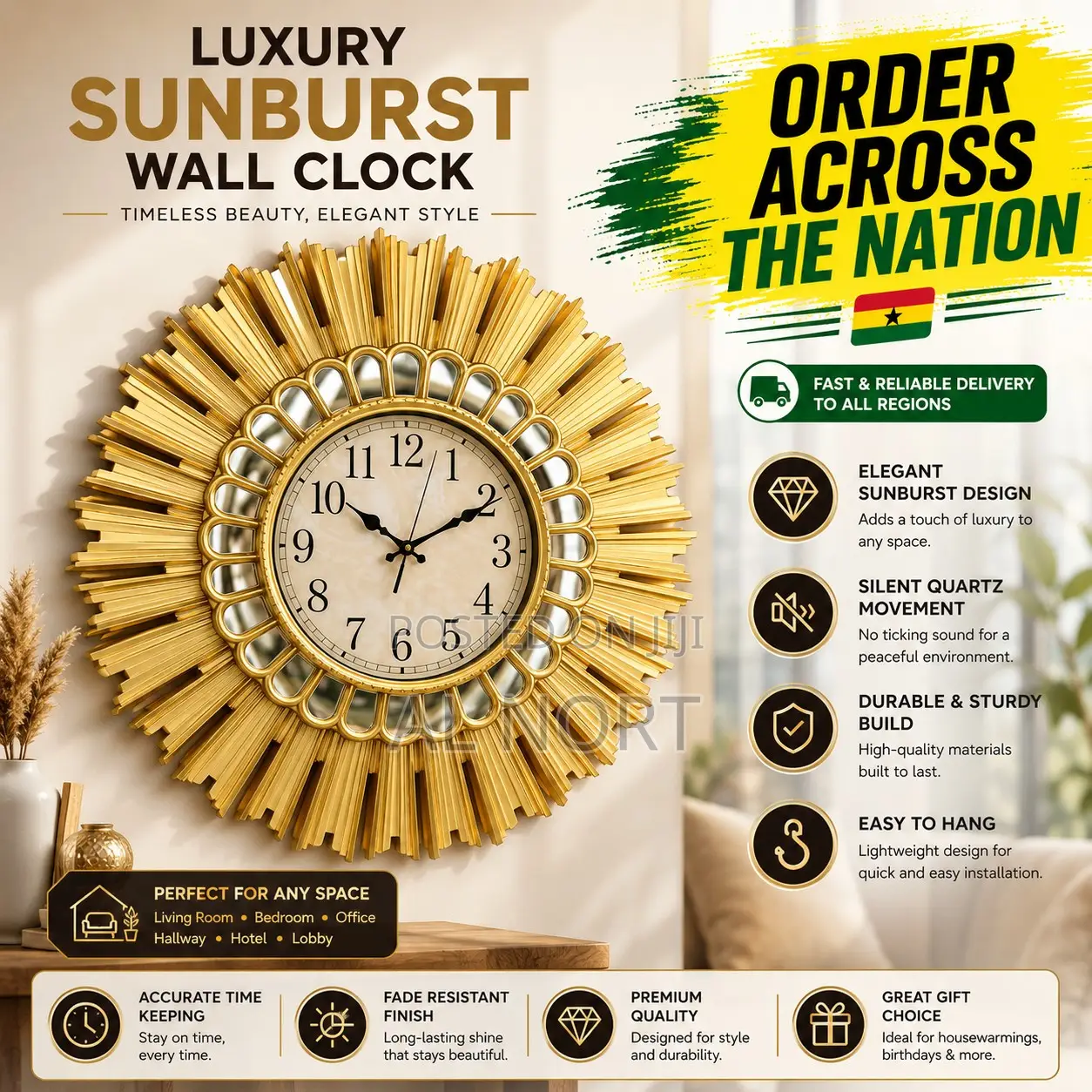 Luxury Gold Sunburst Wall Clock With Mirrored Frame-28 Inch