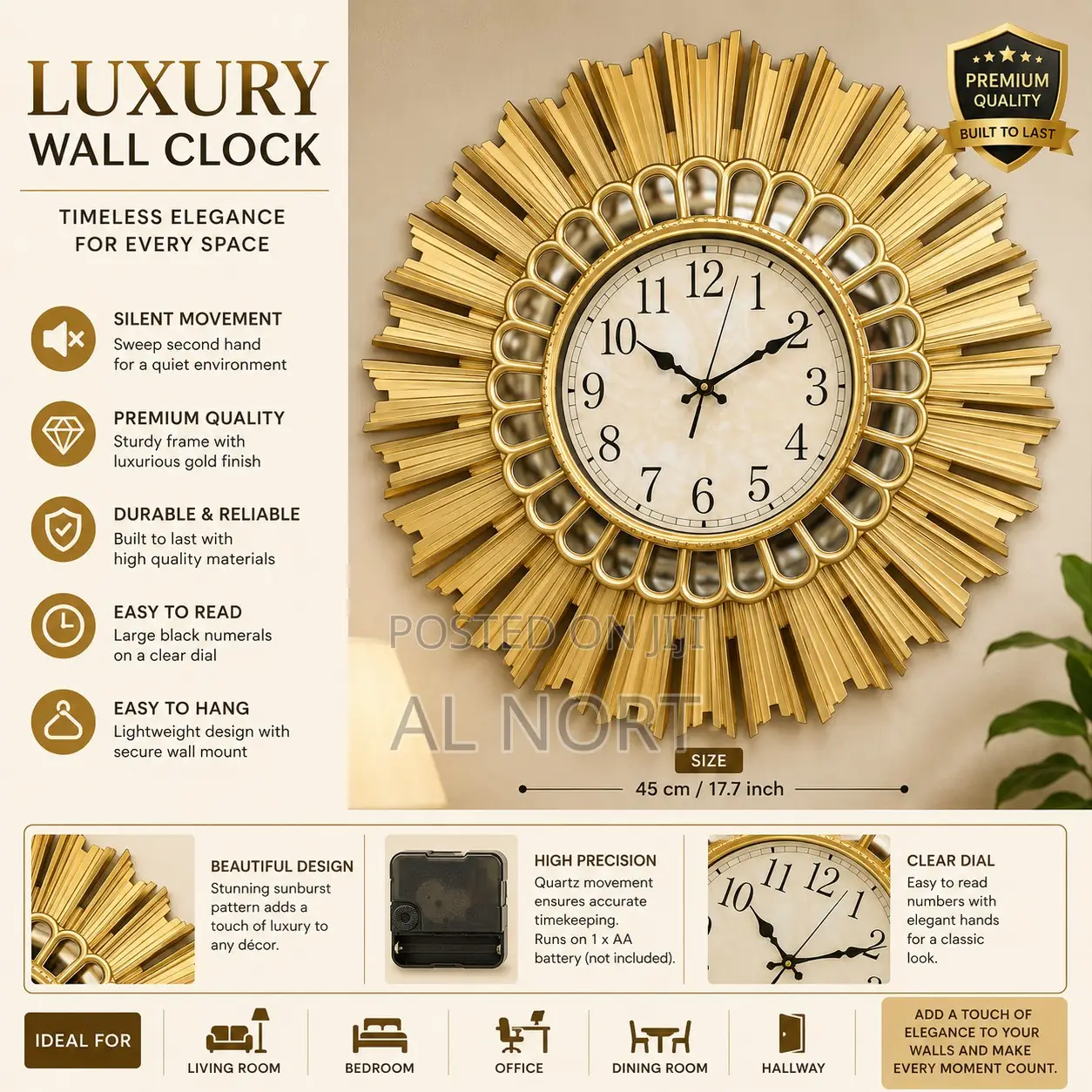 Luxury Gold Sunburst Wall Clock With Mirrored Frame-28 Inch