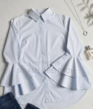 Light-Blue Button-Down Tiered Bell Sleeves Shirt.